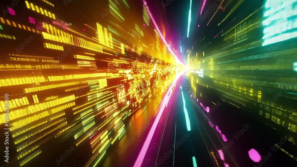 Poster colorful glowing lines of data stream flowing through a cyberspace tunnel, creating a futuristic and