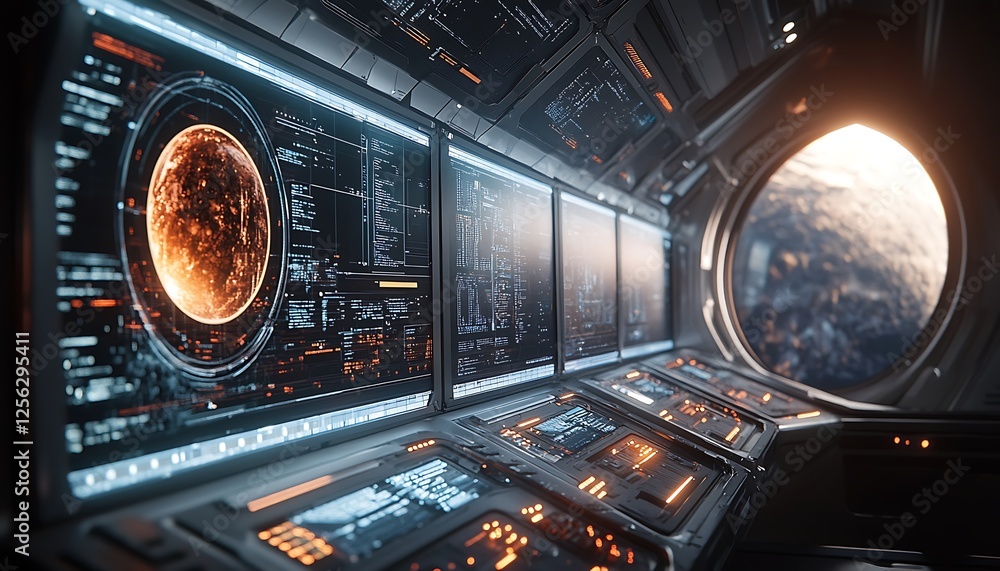 Poster futuristic spaceship interior with monitors displaying planet and data, featuring a large porthole s