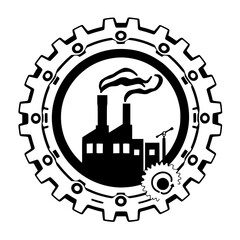 Industrial Factory Icon centered inside a gear with a gear around it.