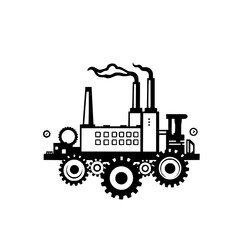 A black and white illustration depicting a stylized factory on wheels, with gear and clock details, representing industry.