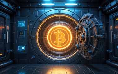 High-tech vault door opening revealing a glowing digital bitcoin inside, secure underground Federal Reserve vault with cyber-enhancements, Central Bank Digital Currency, cryptomoney national reserve.