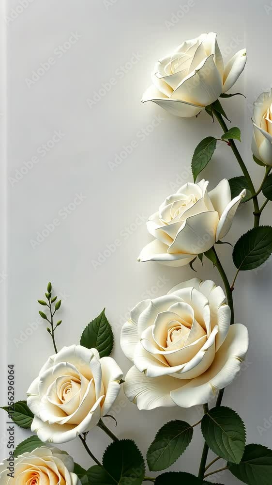 Poster a bouquet of white roses with green leaves. the roses are arranged in a row and are placed next to e