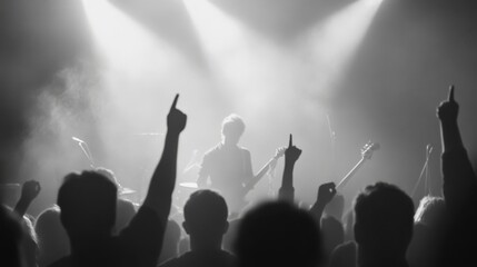 Crowd enjoying live music concert, stage lights, silhouettes
