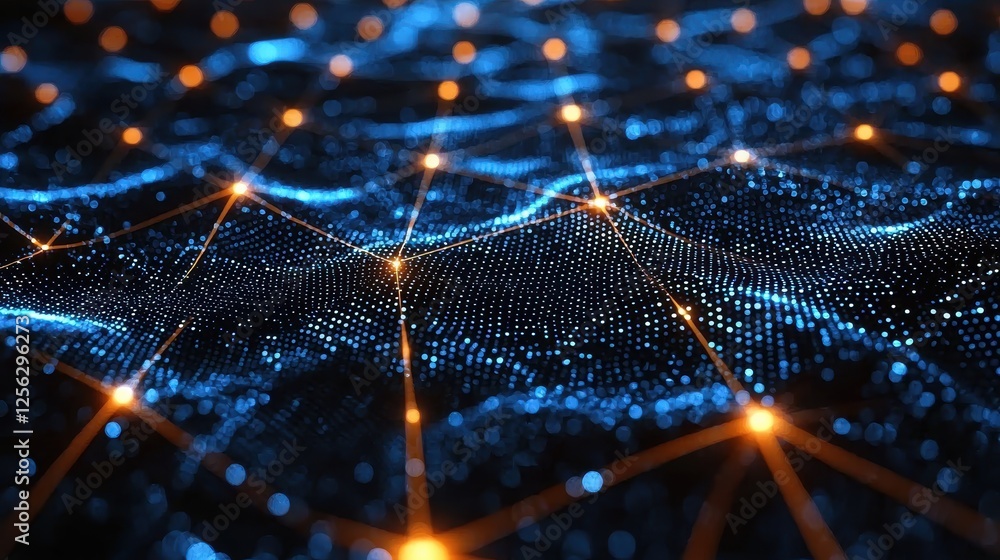 Poster abstract digital landscape with glowing nodes and interconnected lines.
