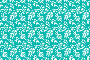 Mexican Folk art with Sugar Skulls and Flowers Seamless Pattern Vector Illustration