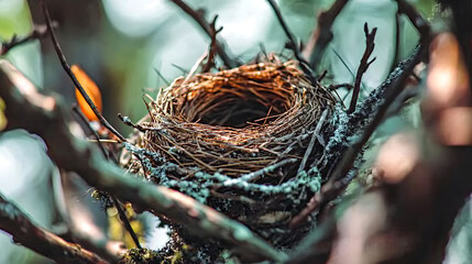 Closeup of an empty birds nest nestled in a tree branch, showcasing intricate details and a natural, earthy texture. Ideal for nature, wildlife, spring, or environmental themes.