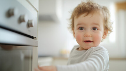 Curious toddler exploring built-in oven in modern kitchen, emphasizing the joy of childhood discovery and learning in a safe environment