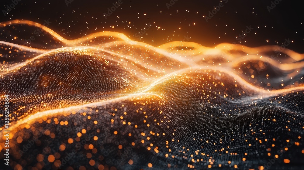 Poster abstract representation of glowing waves and particles in a digital landscape.