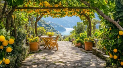 Lemon garden with lemon friuts by seaside