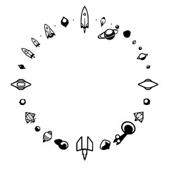 Symbolic Orbit: Modern Illustration showcasing rockets, planets, and space objects arranged in a circular pattern.