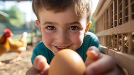Cute kid excitedly examining a freshly laid egg in front of a handmade wooden chicken coop during a sunny day at a backyard farm