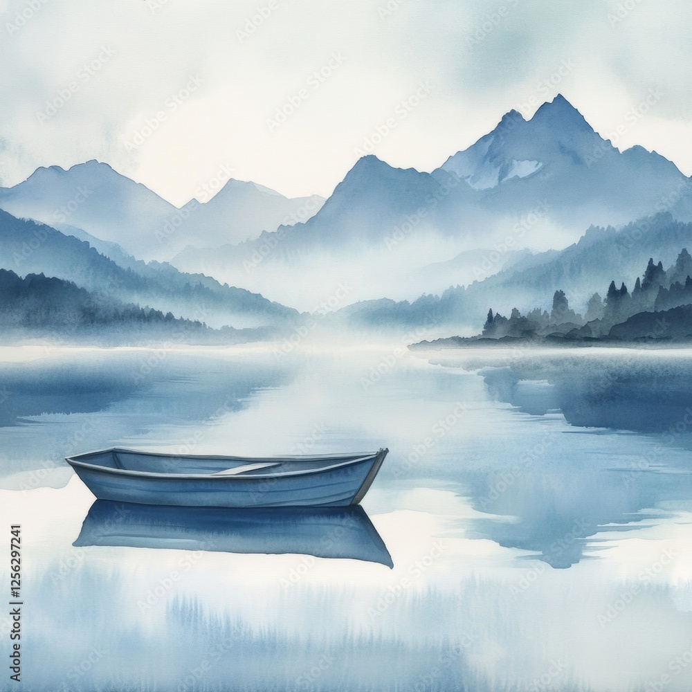 Aufkleber Serene watercolor illustration of a rowboat on a tranquil mountain lake with a spacious sky above for text. Generative AI