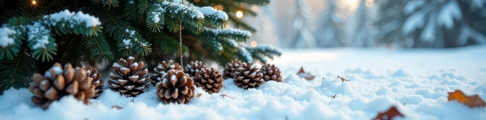 Snow-covered pinecones and twigs are strewn across the frosty forest floor beneath a towering Christmas tree, floor, winter, tree