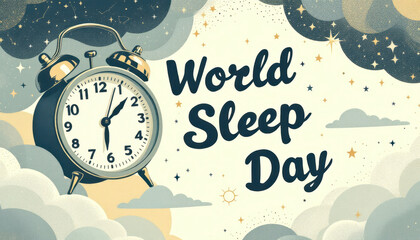 World sleep day illustration with vintage alarm clock and night sky design for posters
