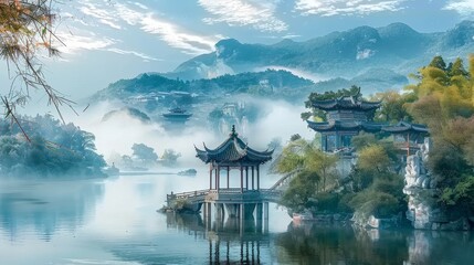 Fototapeta premium A tranquil and serene scene showcasing a beautiful pagoda, which is surrounded by misty mountains and calm waters