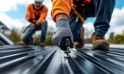 Construction Workers Installing Metal Roofing Panels