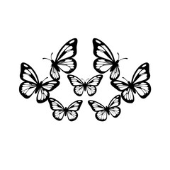 Fototapeta premium Simplistic illustration of seven butterflies in a circular pattern on a white background.
