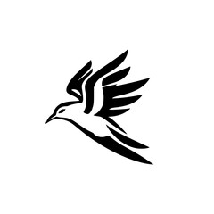 Black and white flying bird icon, in a simplified illustration style with a solid background.