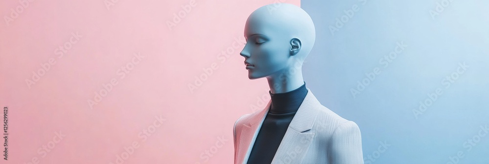 Poster stylish mannequin showcases modern outfit against pastel background with clean lighting and ample bl