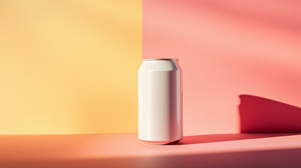 A white blank soda can on a colorful background