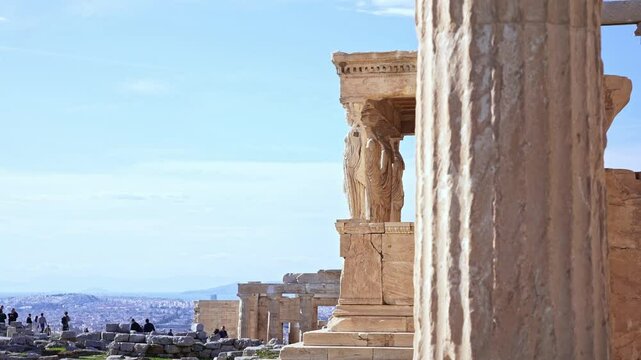 Temple of Athena Nike with columns on Acropolis hill. Ancient temple, historic landmark. Popular travel destination in Europe.