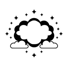 Black and white illustration featuring stylized clouds and stars radiating around the cloud's outline on a white background.