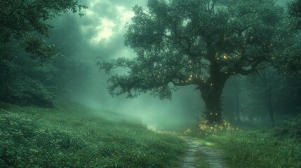 Obraz premium Enchanted Forest Path in Misty Woods