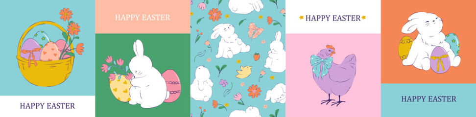 
Easter design. Hand drawn cute bunnies, eggs, flowers, plants, chick . Colorful vector spring illustrations.  Holiday cards, banners, covers.