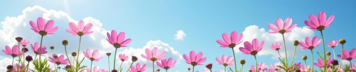 Fototapeta premium Soft pink cosmos flowers against a bright blue sky with fluffy white clouds, nature, garden, sunset sky