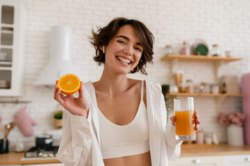 young pretty woman cooking at home, morning kitchen, healthy food