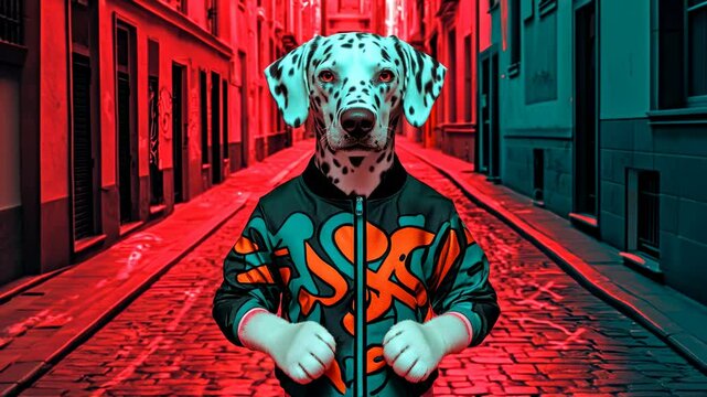Dalmatian in Colorful Jacket Stands Confidently in Vibrant, Neon Lit Cyberpunk Street Scene