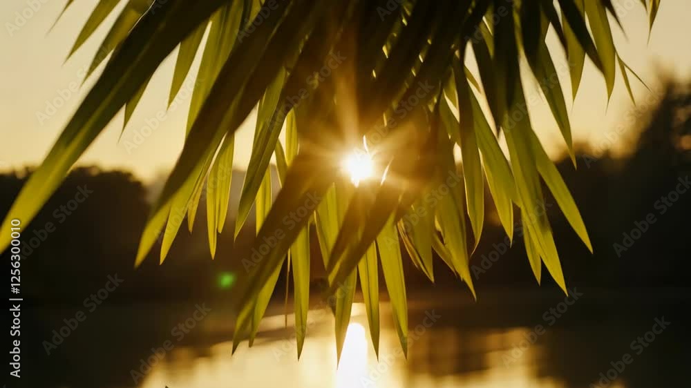 Poster sunlight filtering through palm leaves next to a serene lake at sunset in a tropical setting