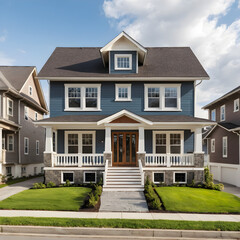 Beautiful two story blue house suburban home exterior design day gray roof on transparent background