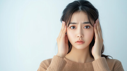 Young Asian woman with distressed expression gently massaging her temples against a solid white background