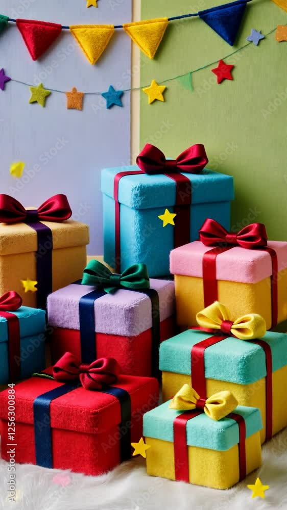 Aufkleber A bunch of colorful boxes with bows on them. The boxes are stacked on top of each other
