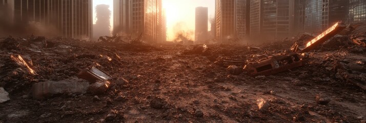 Post apocalyptic cityscape with sunlit ruins and debris
