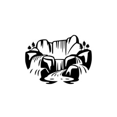 Minimalist black and white illustration of a waterfall with stylized cliffs and trees.