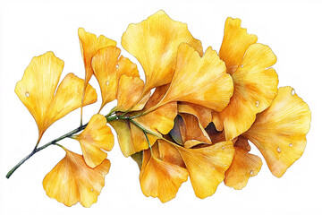 Naklejka premium Watercolor painting displaying a branch of vibrant yellow ginkgo leaves, detailed with delicate veins and subtle shading, set against a white background.