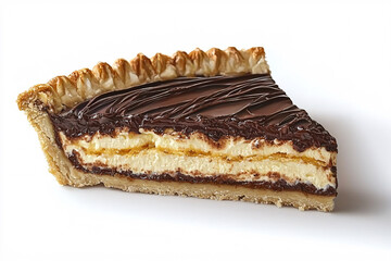 Slice of layered chocolate pie with a flaky crust and rich, creamy filling on a white background.