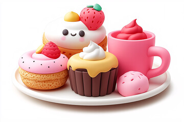 Cute, colorful clay-like cupcakes and a pink mug sit arranged on a white plate against a white background.