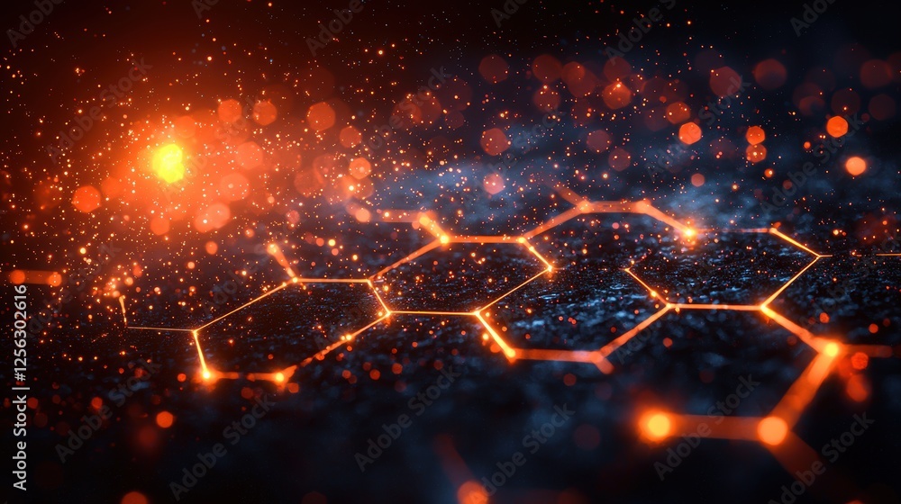 Poster abstract glowing hexagonal patterns with sparkles and light effects.