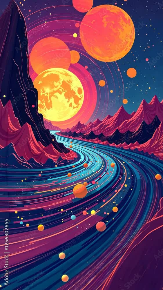 Poster A colorful painting of a river with a large yellow moon in the sky. The moon is surrounded by a group of smaller yellow and red planets