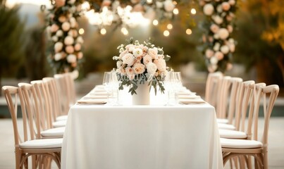 Elegant Outdoor Wedding Setup with Pastel Decorations and Lush Florals in Sunlit Ambiance