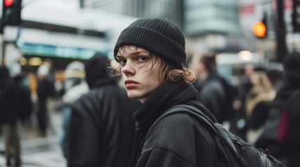 Obraz premium Teenager in city street, looking back, blurred background, urban lifestyle