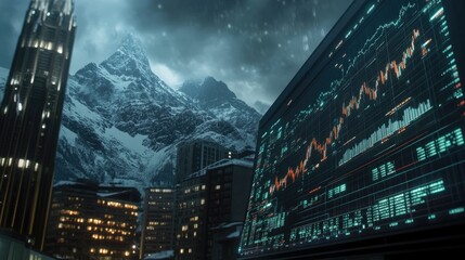 Dynamic stock market graph displaying financial trends and growth, showcasing data visualization in a modern urban setting.