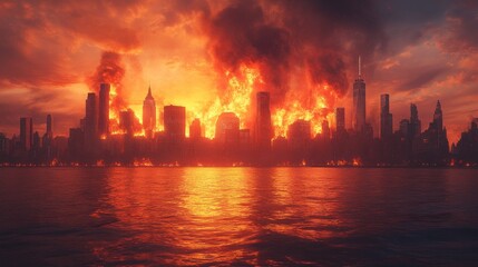 Fototapeta premium Dramatic sunset over a burning city skyline with flames and smoke reflecting on the water
