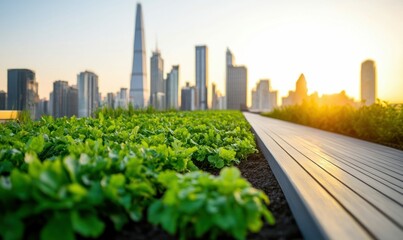 Fototapeta premium Urban Rooftop Garden with Sustainable Design and Modern Architecture in Daylight
