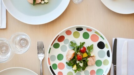 This image features a beautifully arranged plate of fresh vegetables and salmon, showcasing an elegant dining experience perfect for gourmet food enthusiasts.