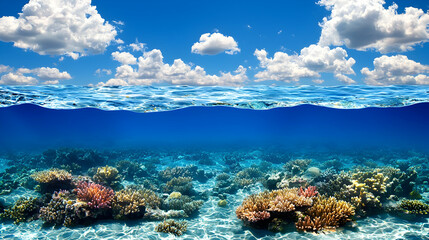 Fototapeta premium Tropical coral reef underwater scene, ocean surface, sunny sky