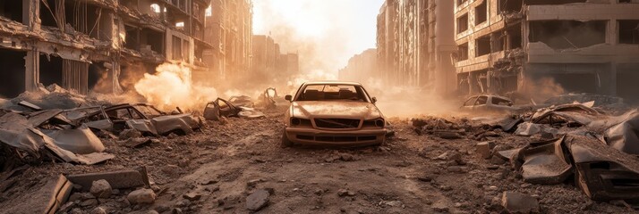 Post apocalyptic cityscape with crumbling buildings and ruins